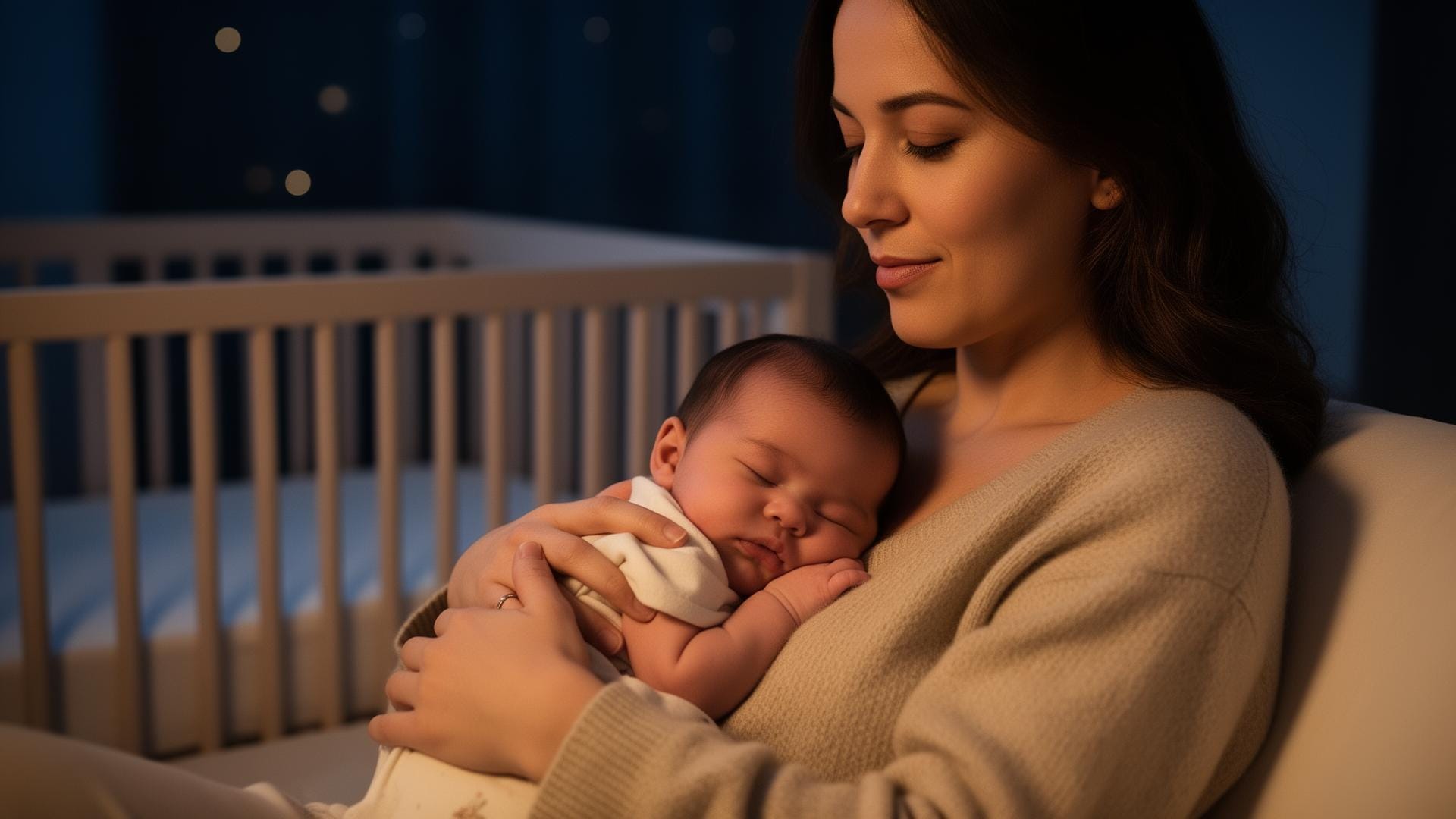 Mother holding her baby in a softly lit nursery at night